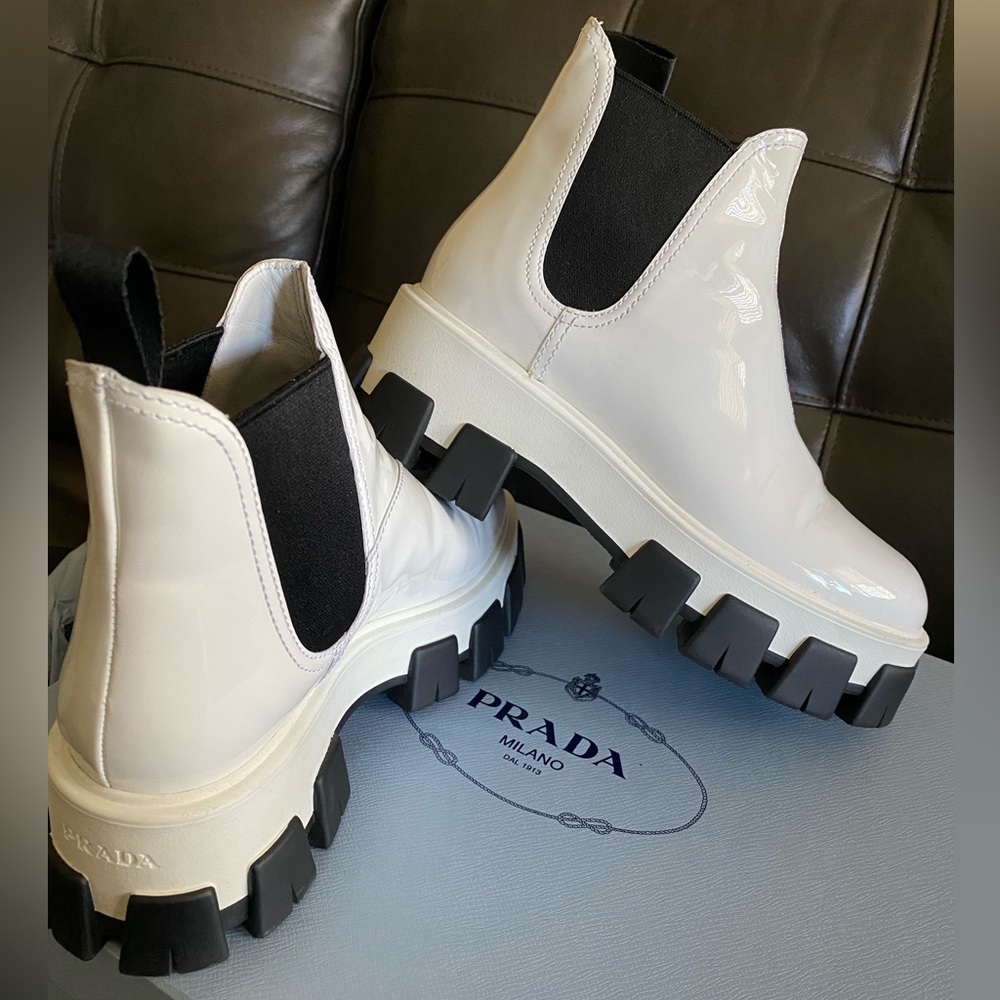 NEW Prada Monolith white patent leather boots, size 38